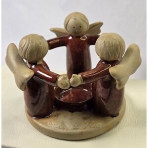 Circle of Angels Tealight Candle Holder Tan Brown Clay Pottery "Pray for Peace"